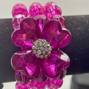 Vintage 3 Strand Pink Faceted Crystal Flower w/Rhinestone Stretch Bracelets Sz 7